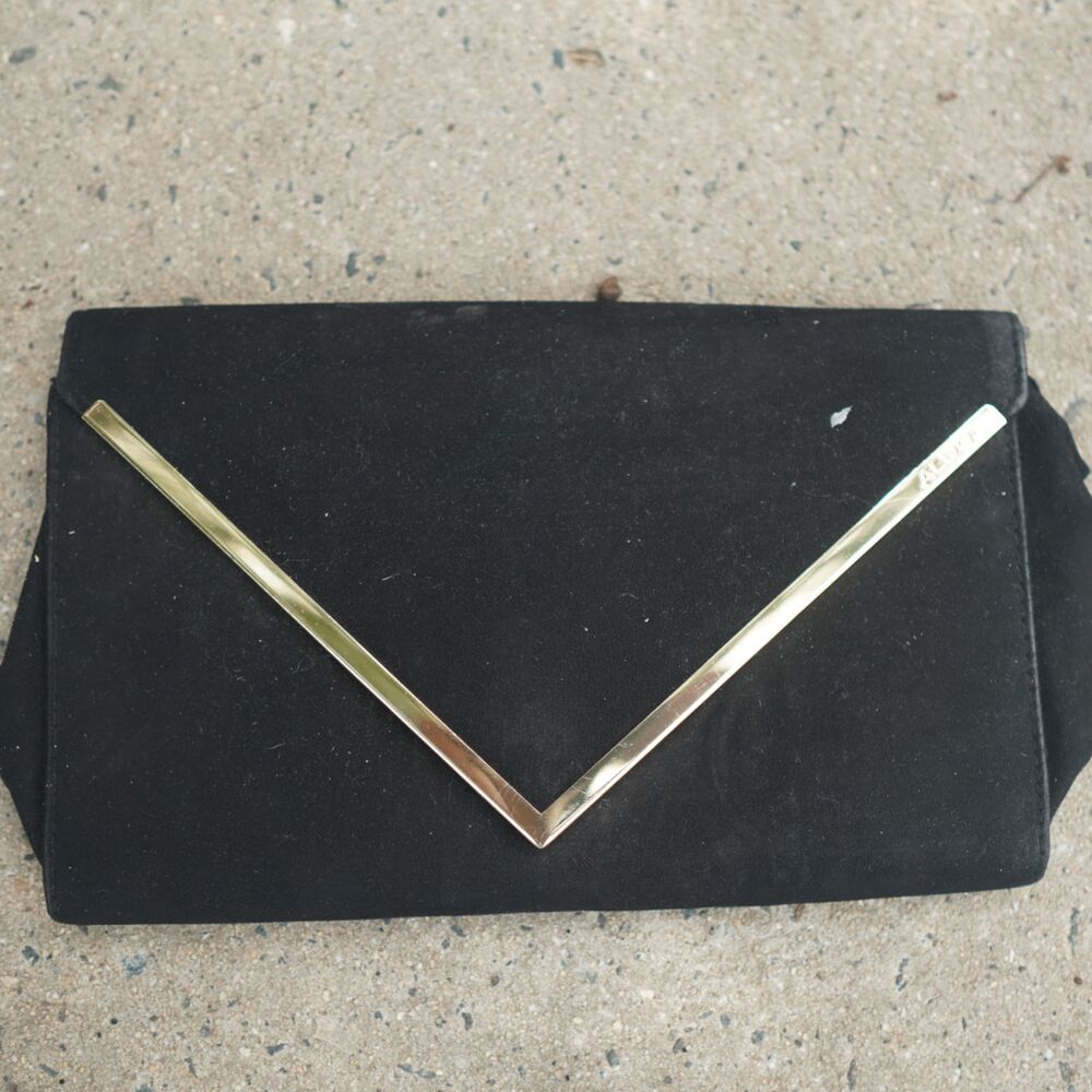 Aldo Black Faux Suede Envelope Clutch Gold V Hardware Crossbody Evening Bag